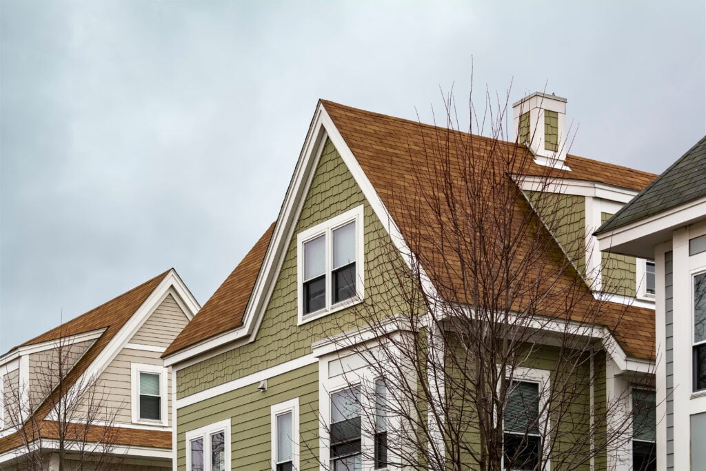 Newly built single-family house with traditional design on a winter day, Brighton, MA, USA