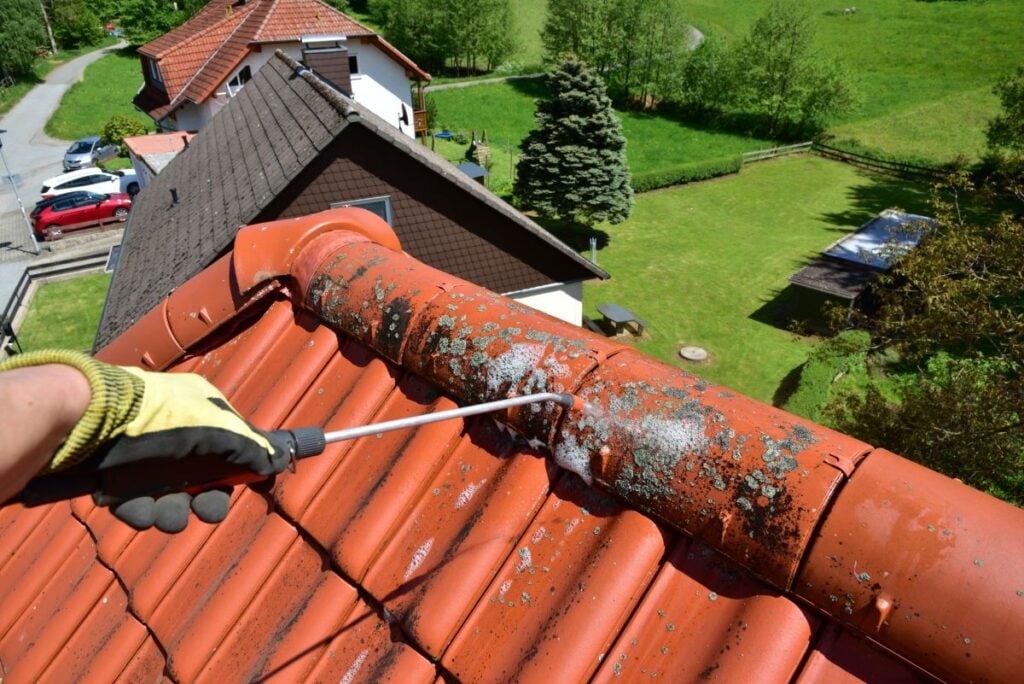 how to remove moss from roof naturally worker using cleaning solution to remove algae