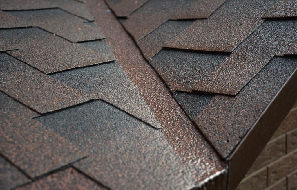 roof valley close up brown shingles